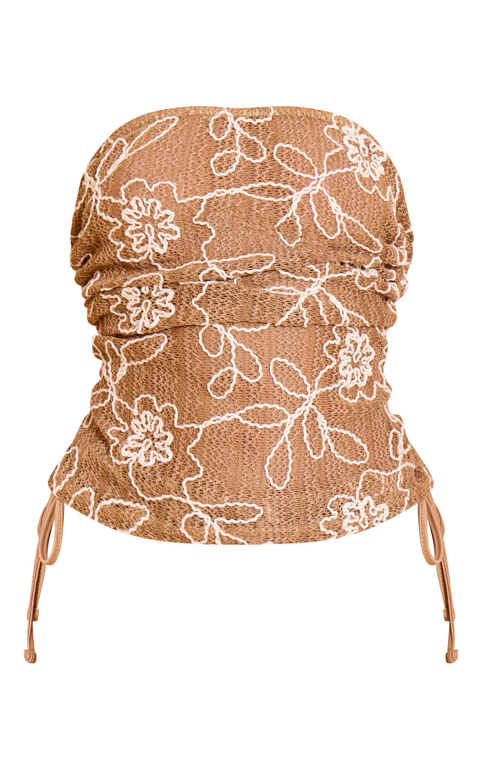 Tan Floral Crochet Bandeau Ruched Top Product Image