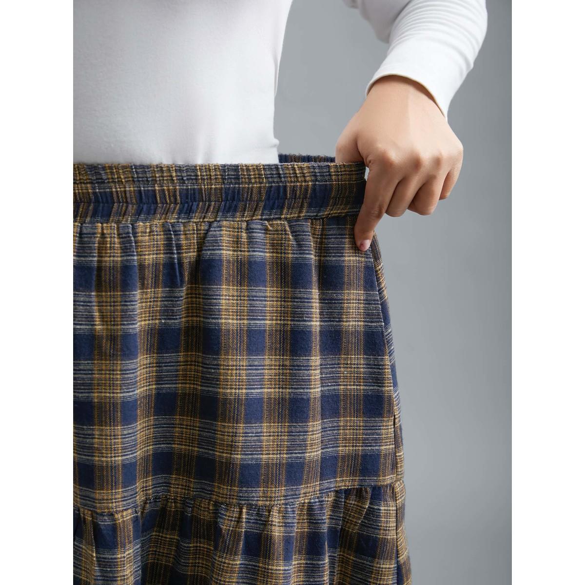 Plus Size Plaid Pattern Stretchy Waist Skirt Women Indigo Elegant Gathered No stretch Side seam pocket Everyday Skirts BloomChic 14-16/1X Product Image
