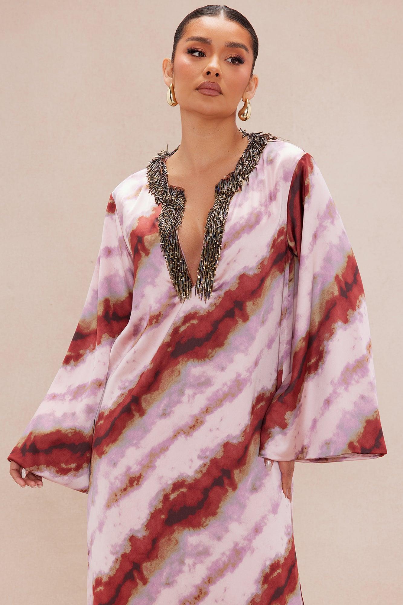 Stella Satin Kaftan Maxi Dress - Mauve/combo Product Image