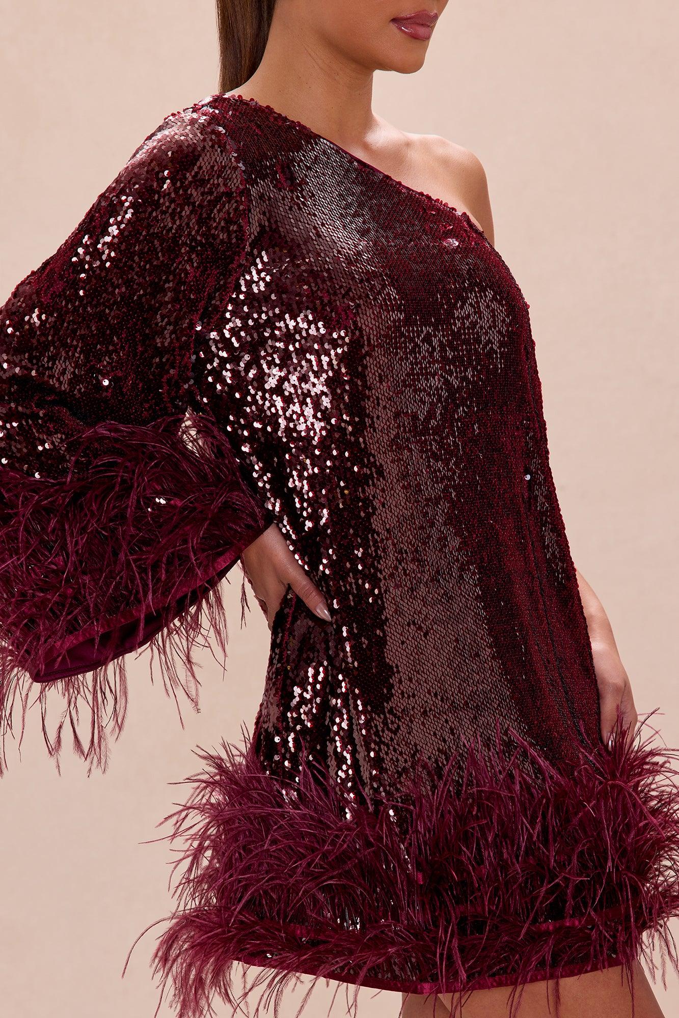 Robyn Sequin Feathered Mini Dress - Burgundy Female Product Image