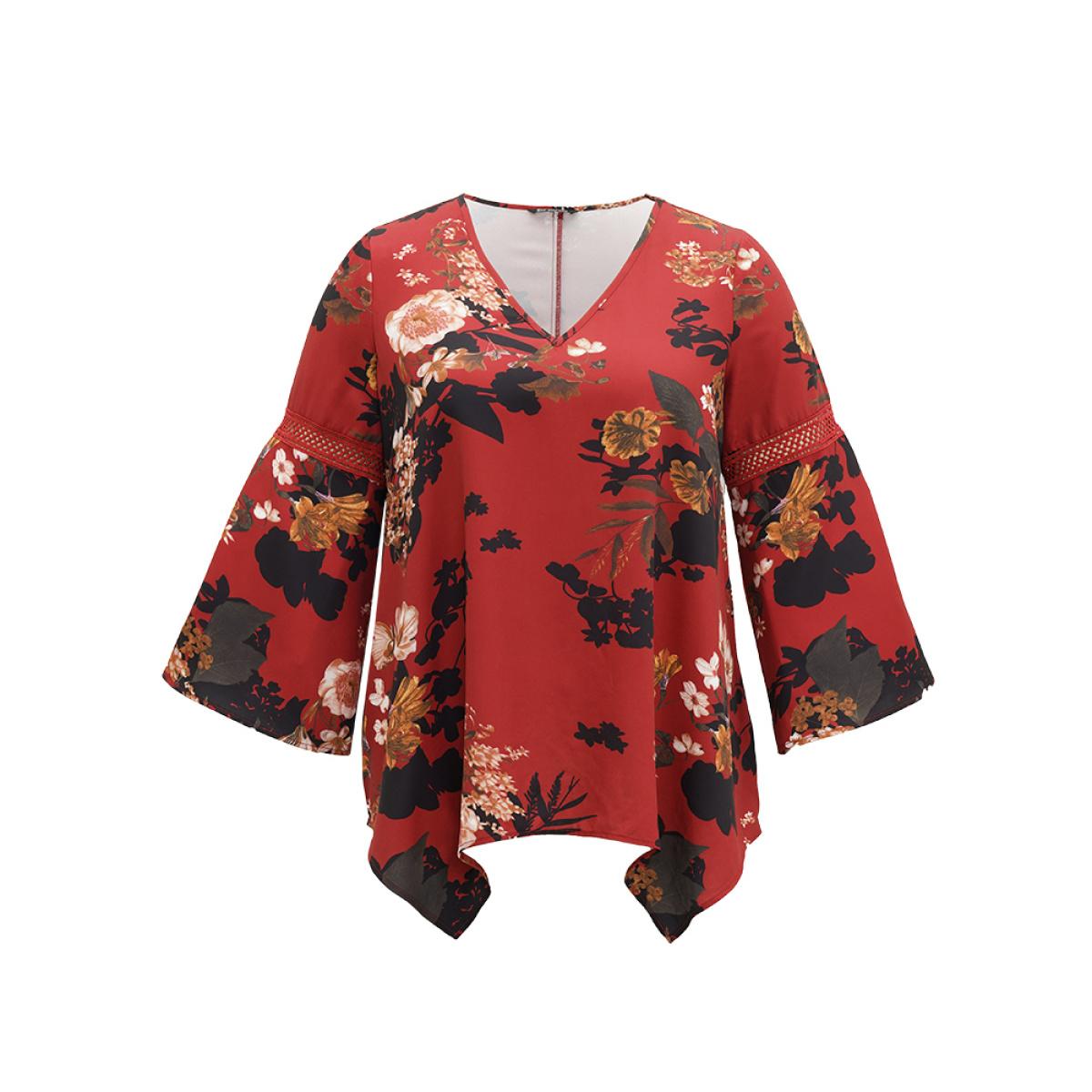 Plus Size Scarlet Floral Lace Panel V Neck Hanky Hem Blouse Women Elegant Long Sleeve V-neck Dailywear Blouses BloomChic 22-24/3X Product Image
