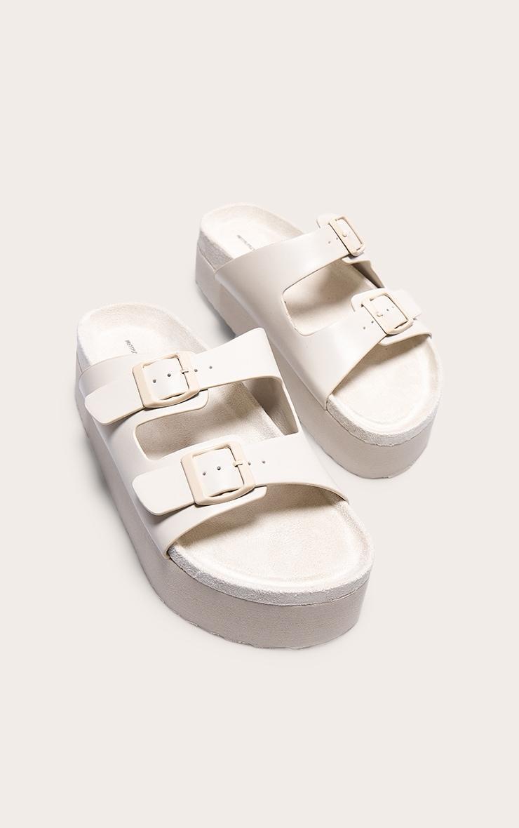 White PU Round Toe Double Buckle Strap Chunky Flat Sandals Product Image