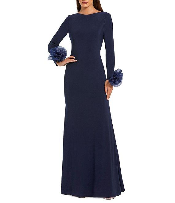 Mac Duggal Round Neck 3D Floral Sleeves Jersey Gown Product Image