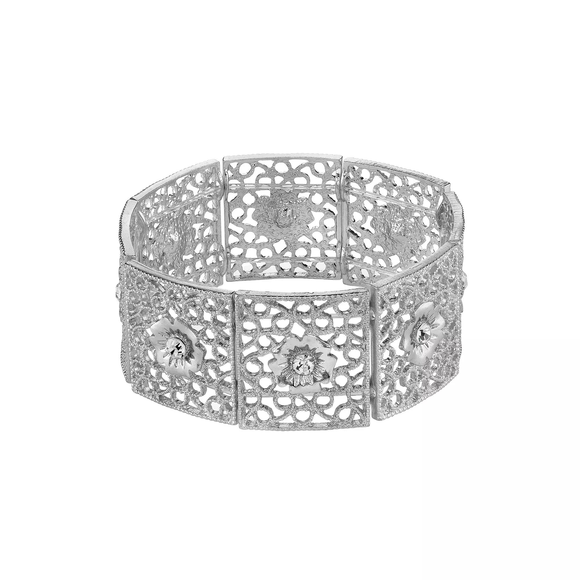 1928 Simulated Crystal Openwork Flower Stretch Bracelet, Womens, Gold Tone Product Image
