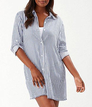 Tommy Bahama Chambray Stripe Boyfriend Shirt Swim Cover-Up Product Image