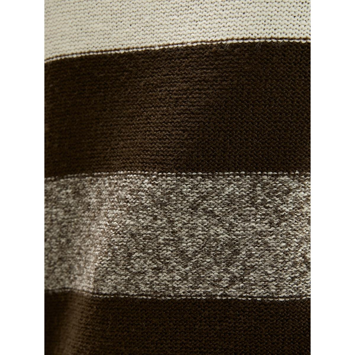 Plus Size Colorblock Contrast Soft Sexy Yarn Knit Fluffy Knit Top Brown Women Casual Loose Long Sleeve V-neck Dailywear Pullovers BloomChic 10/M Product Image