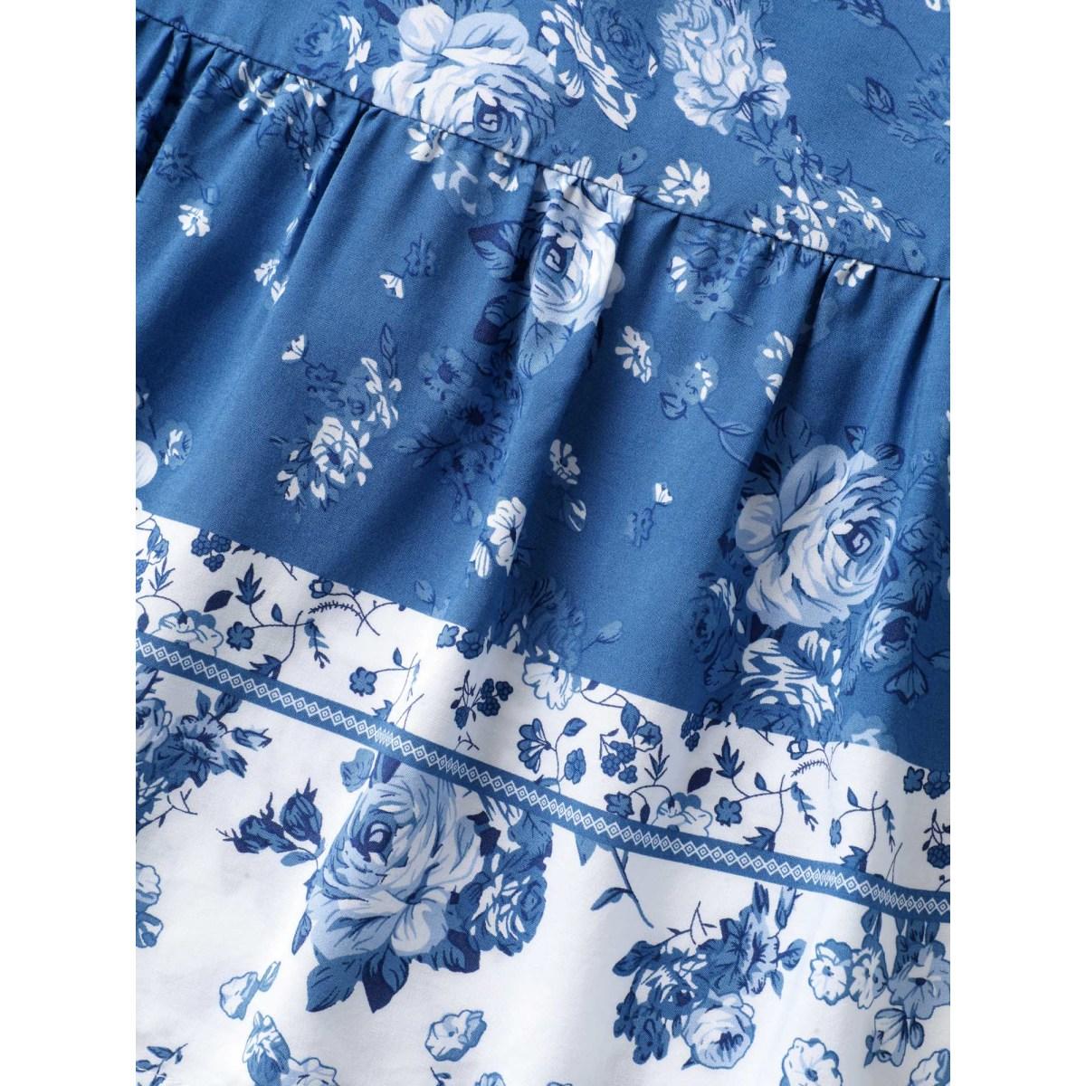 Plus Size Rosy Print Shirred Bust Pockets Midi Dress Mediumblue Women Square Neck Elbow-length sleeve Curvy BloomChic 10/M Product Image