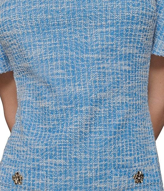 KARL LAGERFELD PARIS Tweed Square Neck Short Sleeve Rhinestone Button Detail Fit and Flare Mini Dress Product Image