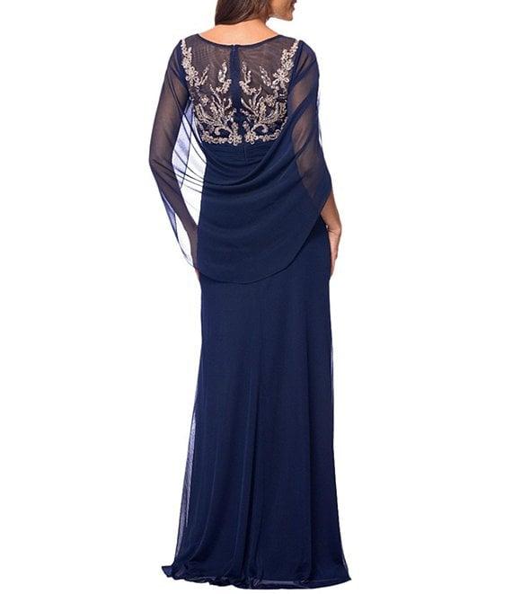 Betsy & Adam Petite Size Boat Neck Cap Sleeve Drape Back Chiffon Applique Sheath Gown Product Image