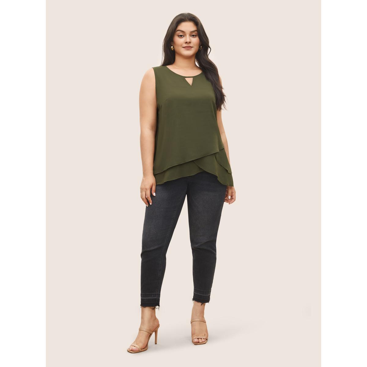 Plus Size Solid Keyhole Tiered Hem Tank Top Women ArmyGreen Elegant Non Asymmetrical Neck Everyday Tank Tops Camis BloomChic 14-16/1X Product Image