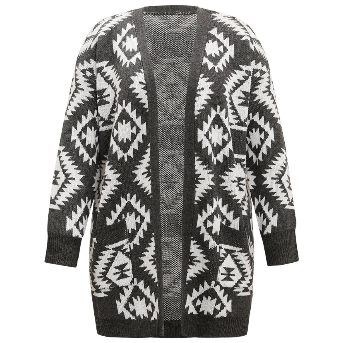 Plus Size Bandana Print Elastic Cuffs Patched Pocket Cardigan DimGray Women Casual Loose Long Sleeve Dailywear Cardigans BloomChic 12/L Product Image