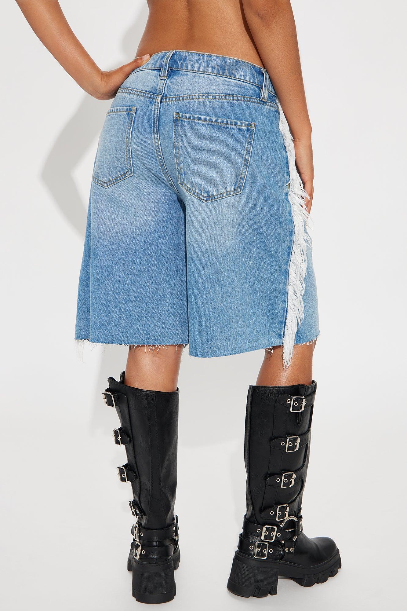 Sahara High Rise Fringed Bermuda Shorts - Medium Wash Female Product Image