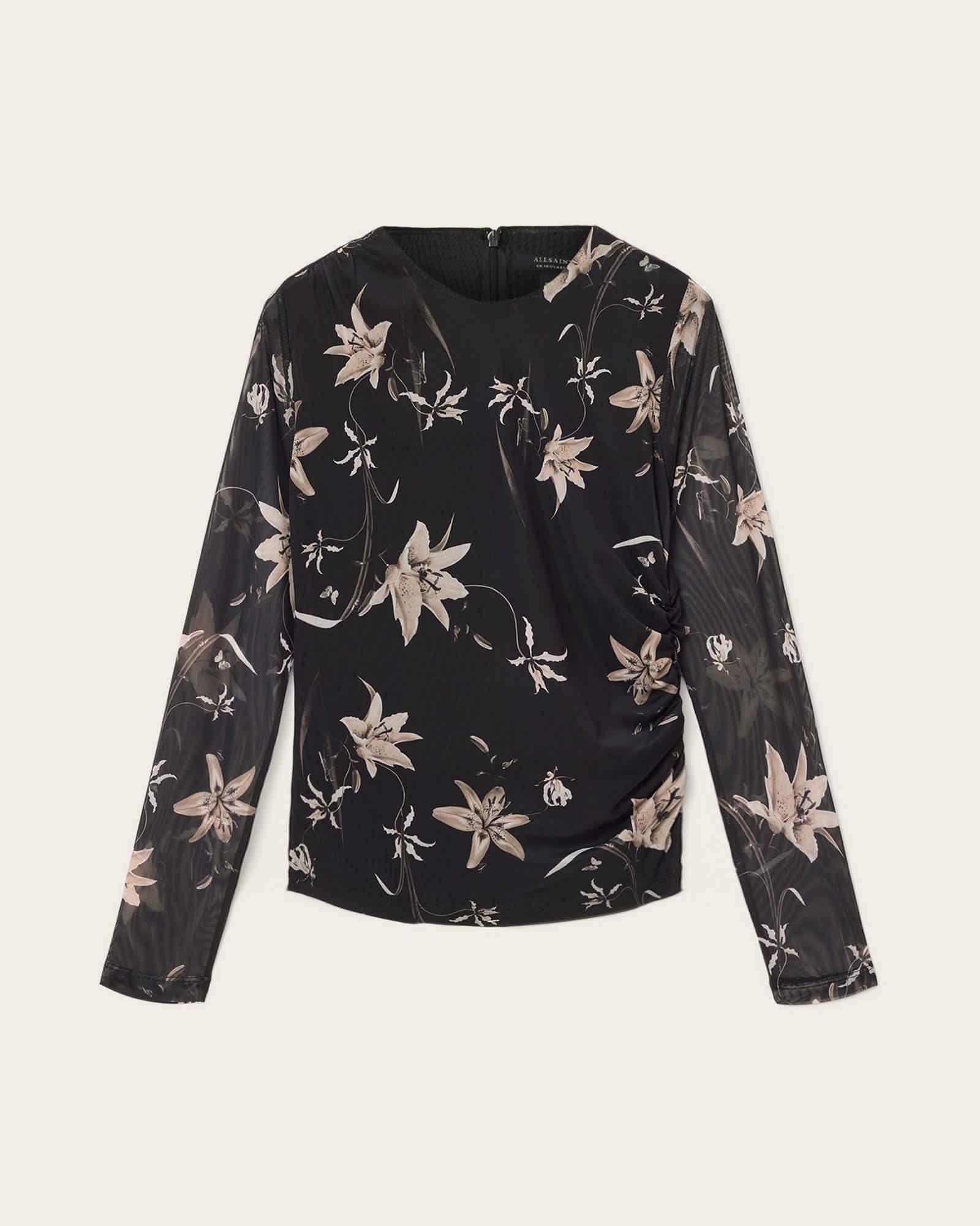 Caia Floral Mesh Top PETRA SEPIA BROWN | ALLSAINTS US Product Image
