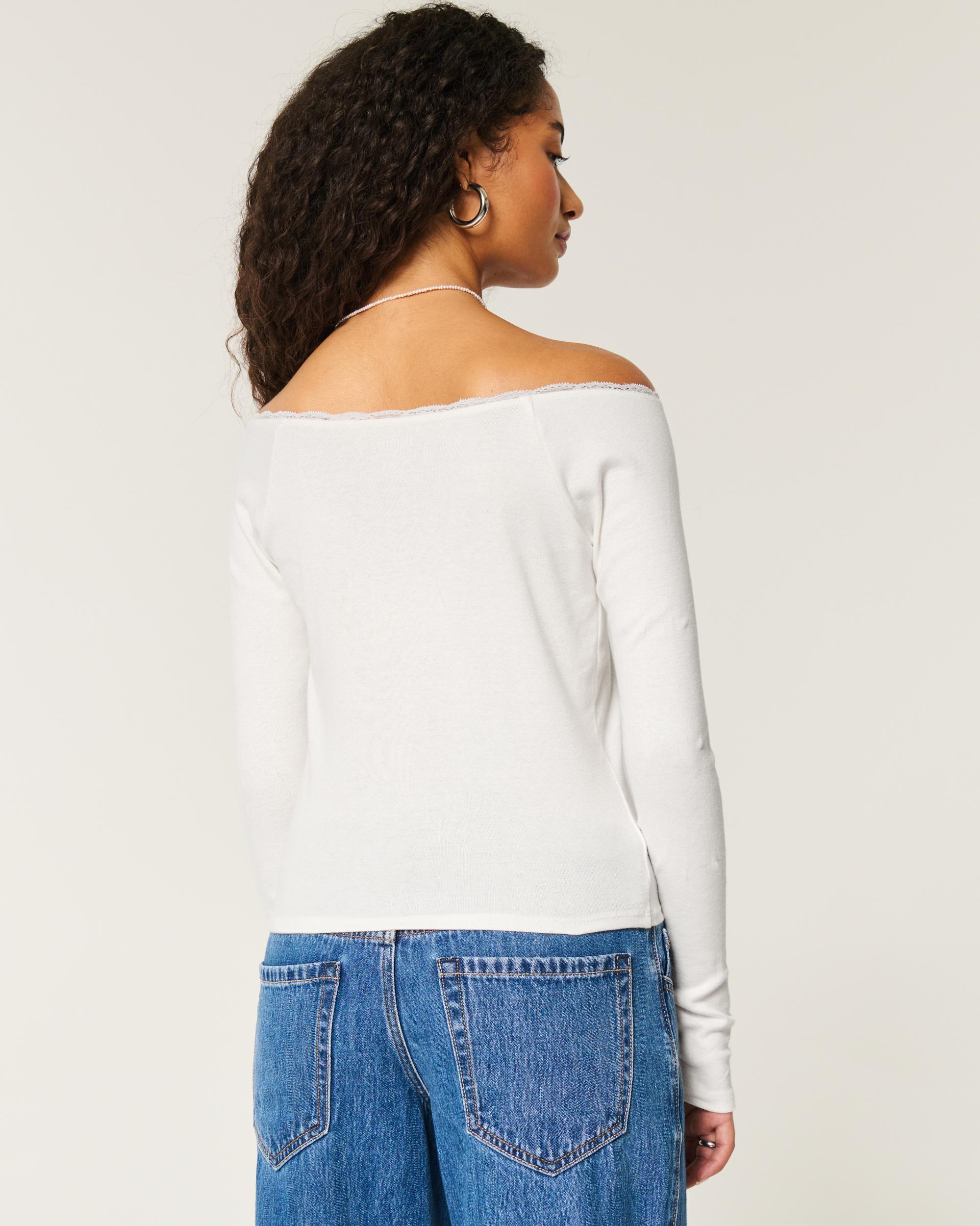 Lace Trim Off-the-Shoulder Montauk Graphic Tee Product Image
