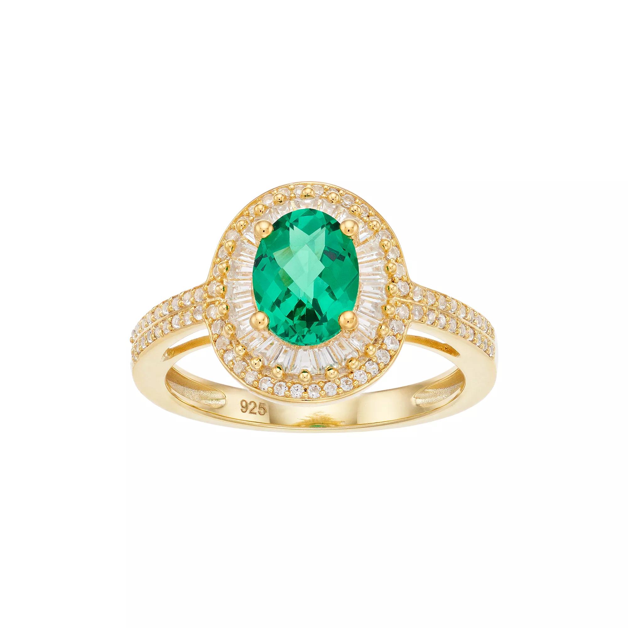 14K Gold Over Silver Lab Created Emerald Lab Created White Sapphire Ring, Women's, Size: 7, Gold Tone Product Image