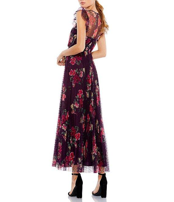 Mac Duggal Ruffle Trim Swiss Dot Lace Floral Print Midi Dress Product Image