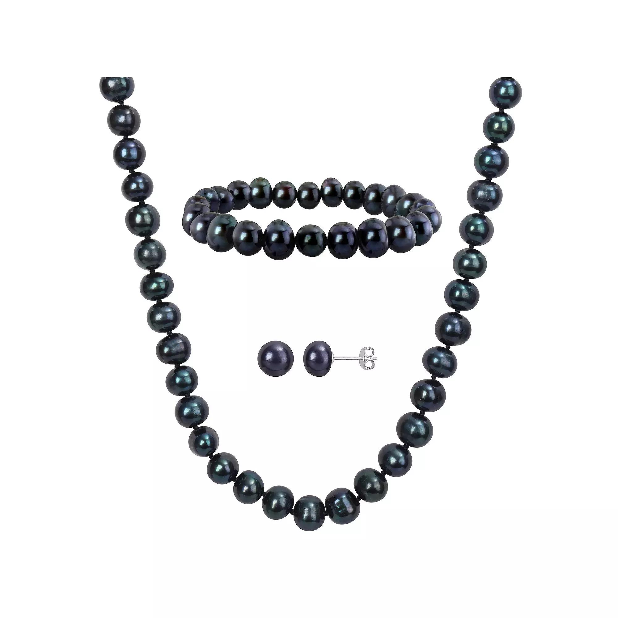 Stella Grace Black Freshwater Cultured Pearl Necklace, Stretch Bracelet & Stud Earrings 3-piece Set, Women's,  Product Image