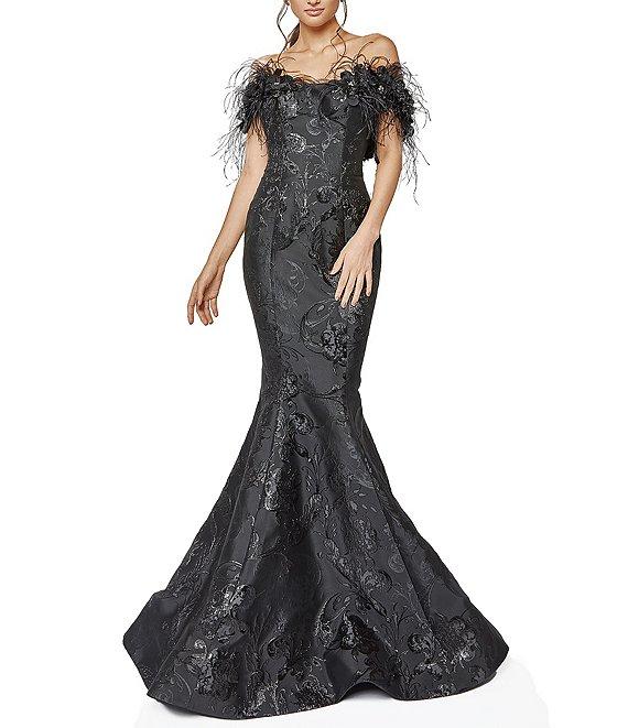 Terani Couture Jacquard Off-the-Shoulder Feather Trim Mermaid Gown Product Image