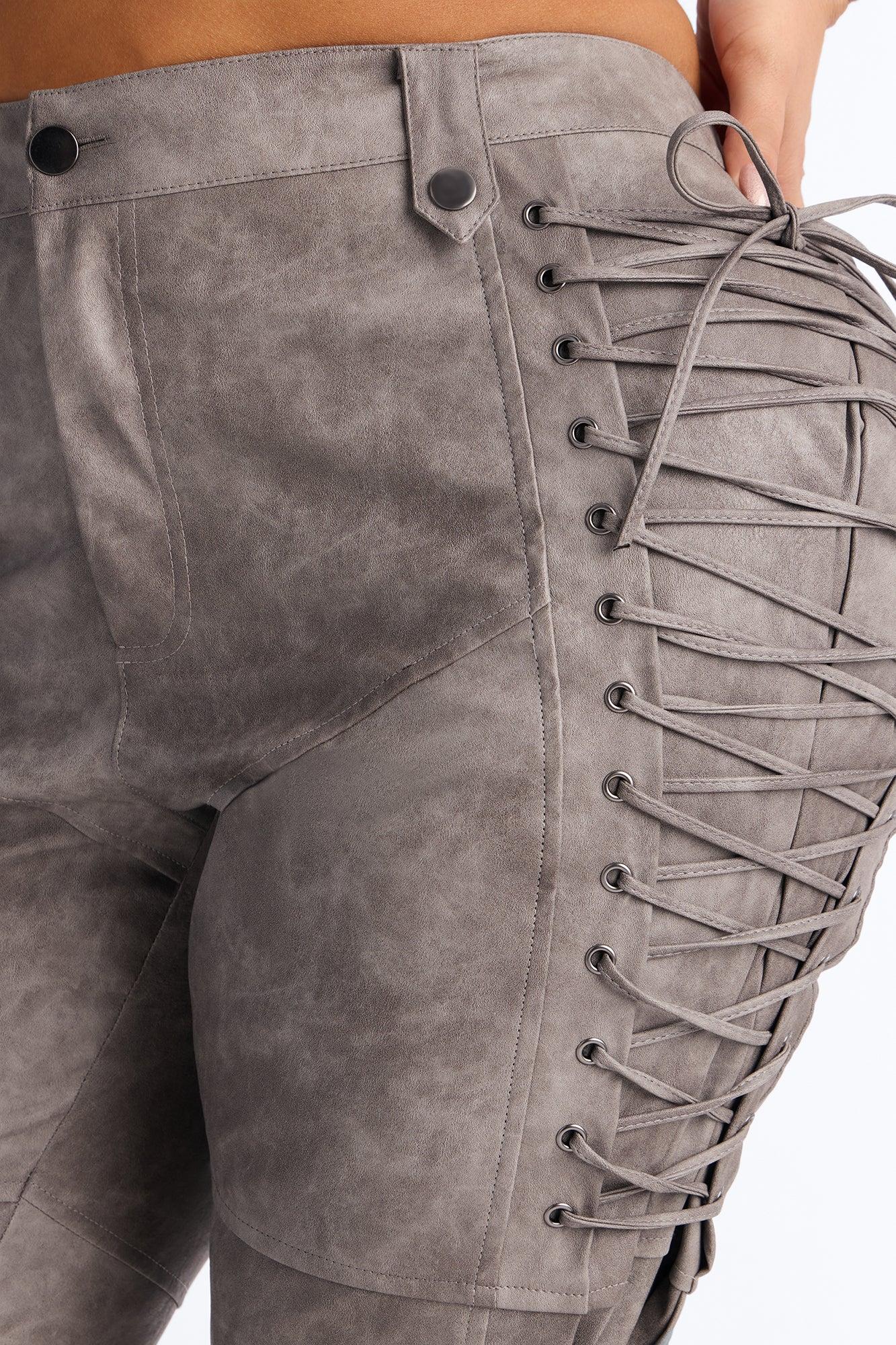After Hours Faux Leather Lace Up Flare Pant 33″ - Grey Female Product Image