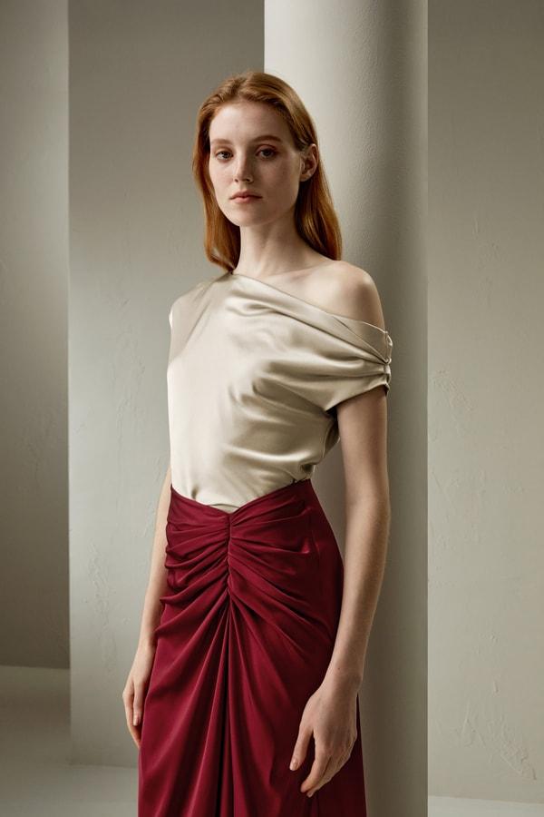 LILYSILK Regular Fit Boat Neck One-Shoulder Silk Top | Luxurious Silk Tops For Women-91T5398 - Light Apricot - 6 Product Image