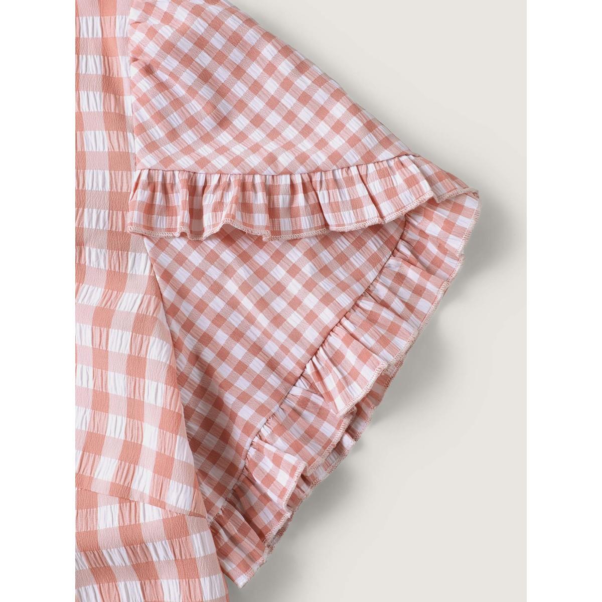 Plus Size Beanpastepowder Sweet Gingham Wrinkled Petal Sleeve Blouse Women Short sleeve Round Neck Everyday-Casual Blouses BloomChic 18-20/2X Product Image