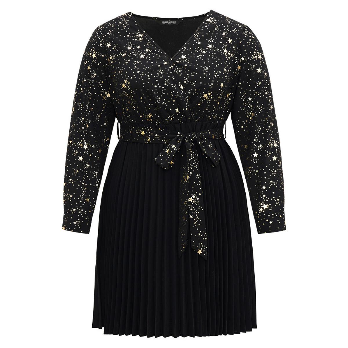 Plus Size Star Glitter Belted Pleated Wrap Dress Black Women Cocktail Belted V-neck Long Sleeve Curvy Midi Dress BloomChic 22-24/3X Product Image