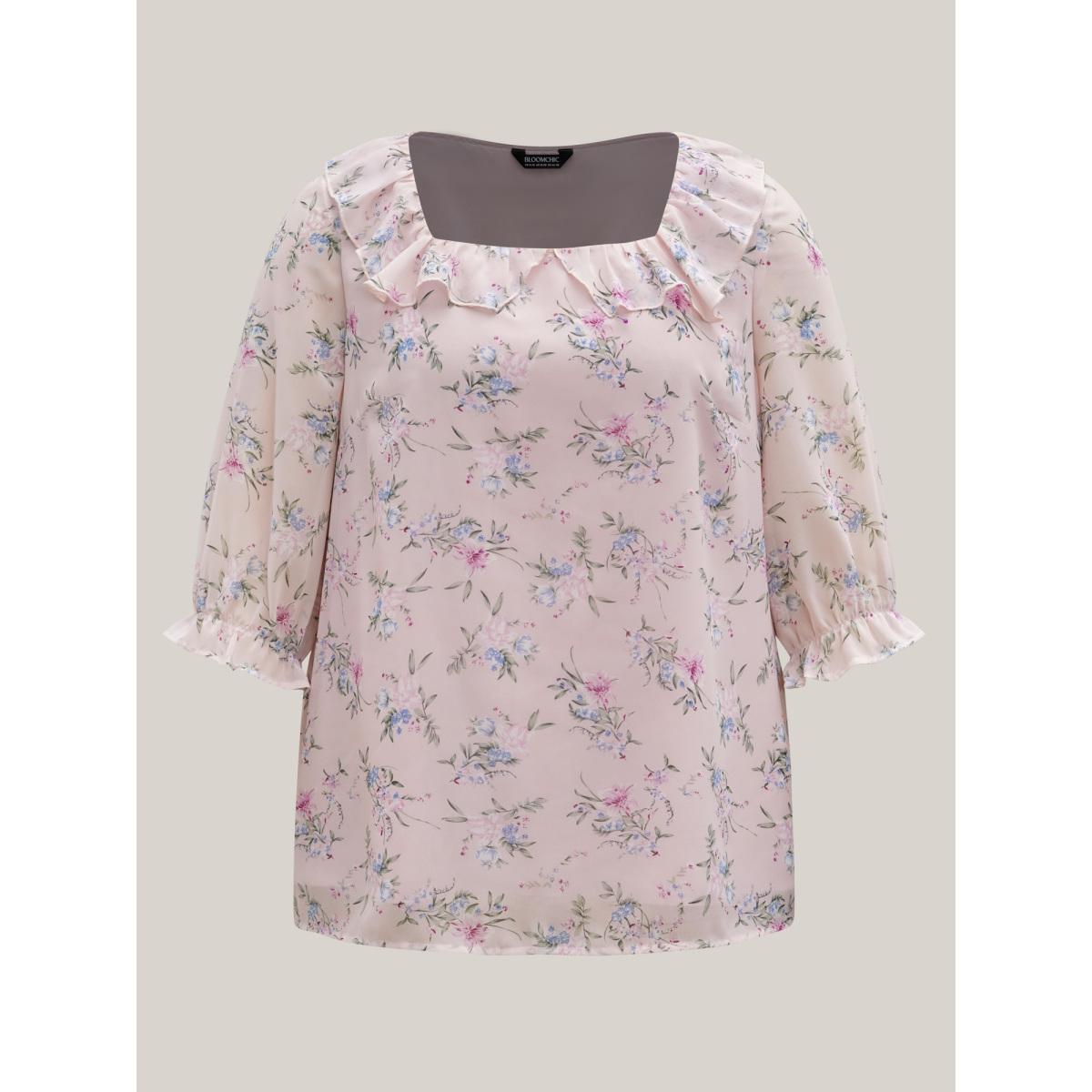 Plus Size Lightpink Chiffon Printed Ruffled Shirt Women Elegant Elbow-length sleeve Square Neck Everyday Blouses BloomChic 28/5X Product Image