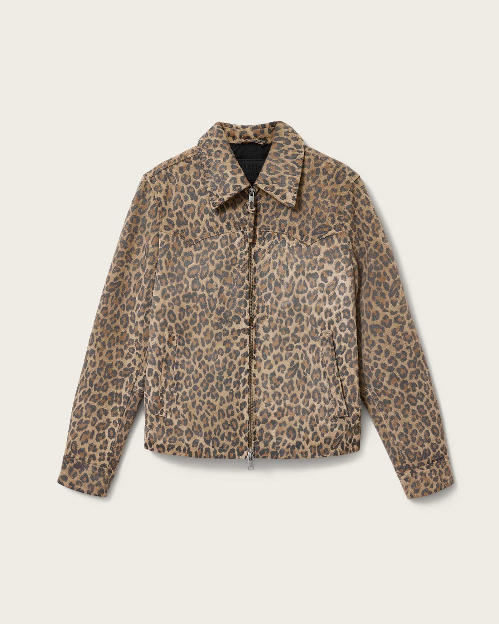 Dellcot Leopard Print Suede Jacket PEANUT BROWN | ALLSAINTS US Product Image