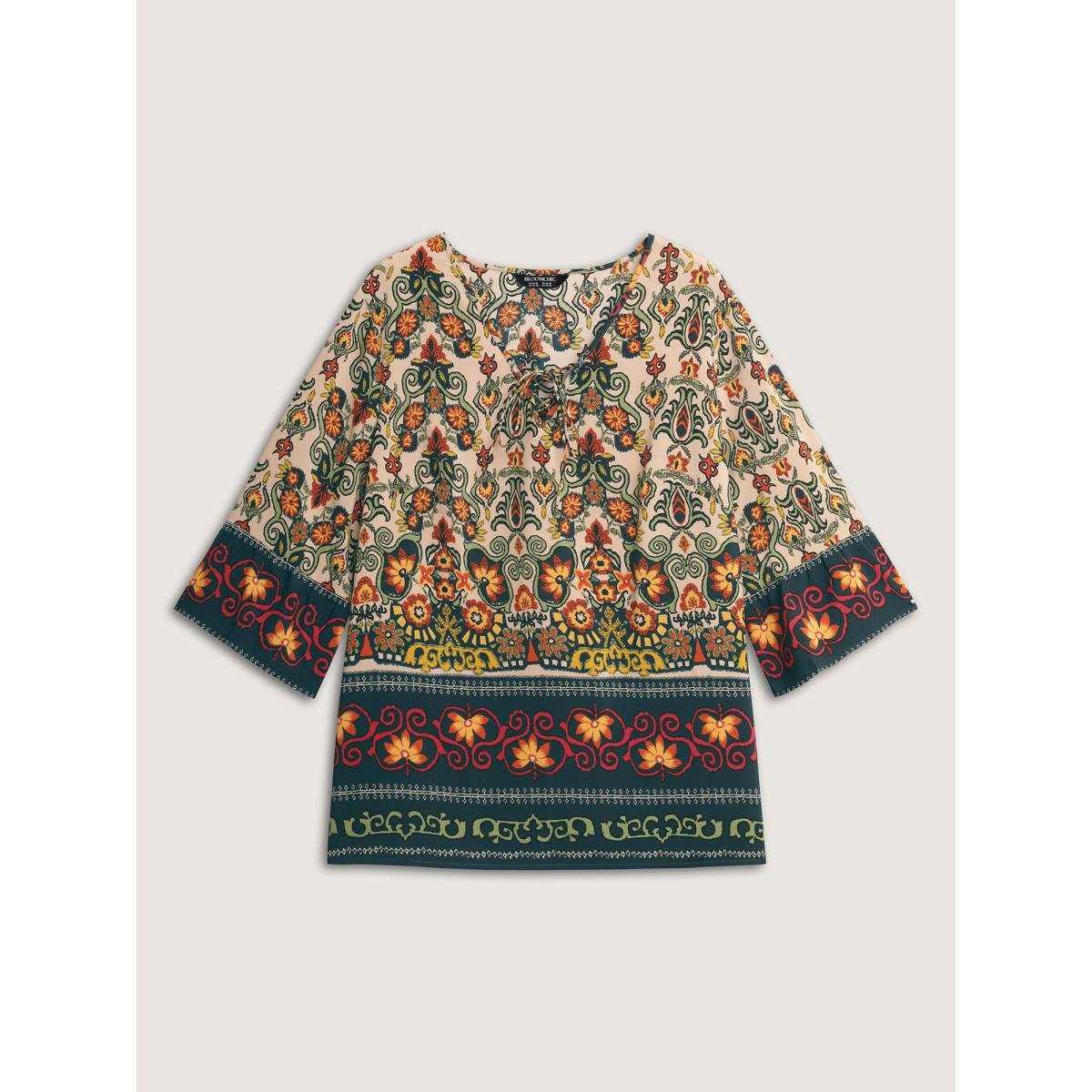 Plus Size Multicolor Boho Print Lace Up Bell Sleeve Blouse Women Boho Half Sleeve V-neck Vacation Blouses BloomChic 12/L Product Image