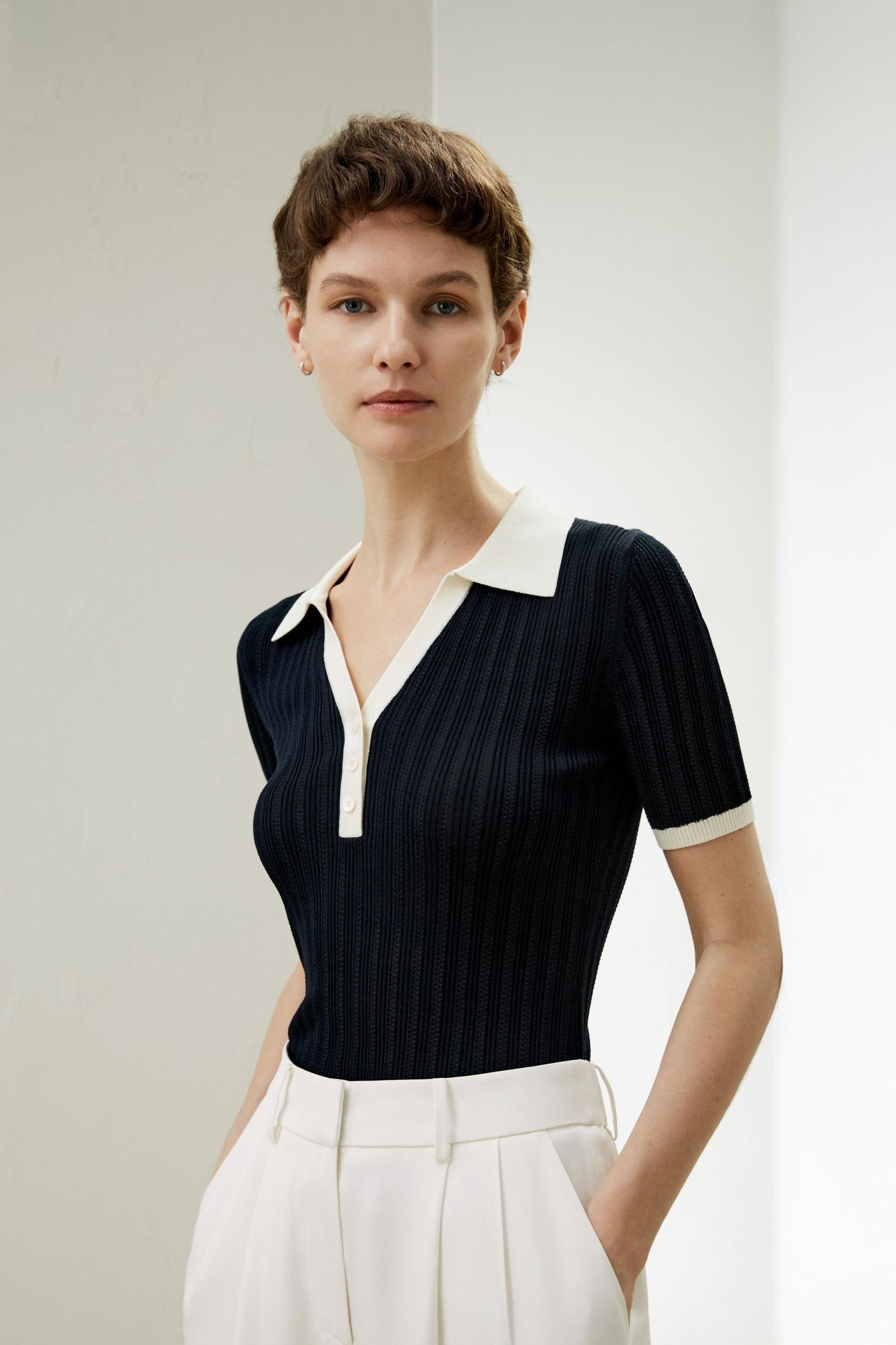 V Neck Ribbed Silk Knit Top Product Image