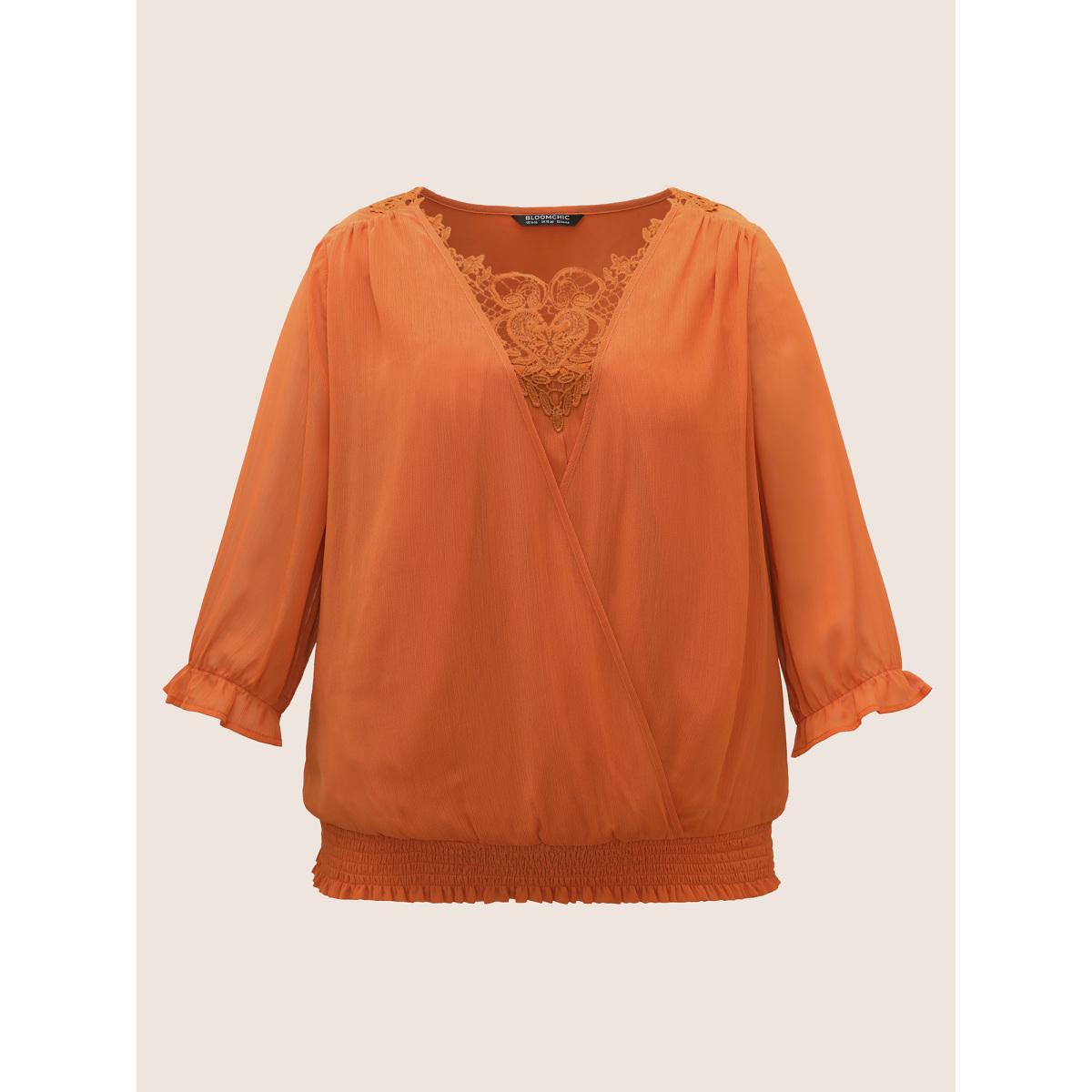Plus Size Orange Chiffon Shirred Ruffle Trim Lace Panel Blouse Women Elegant Half Sleeve Round Neck Everyday Blouses BloomChic 18-20/2X Product Image