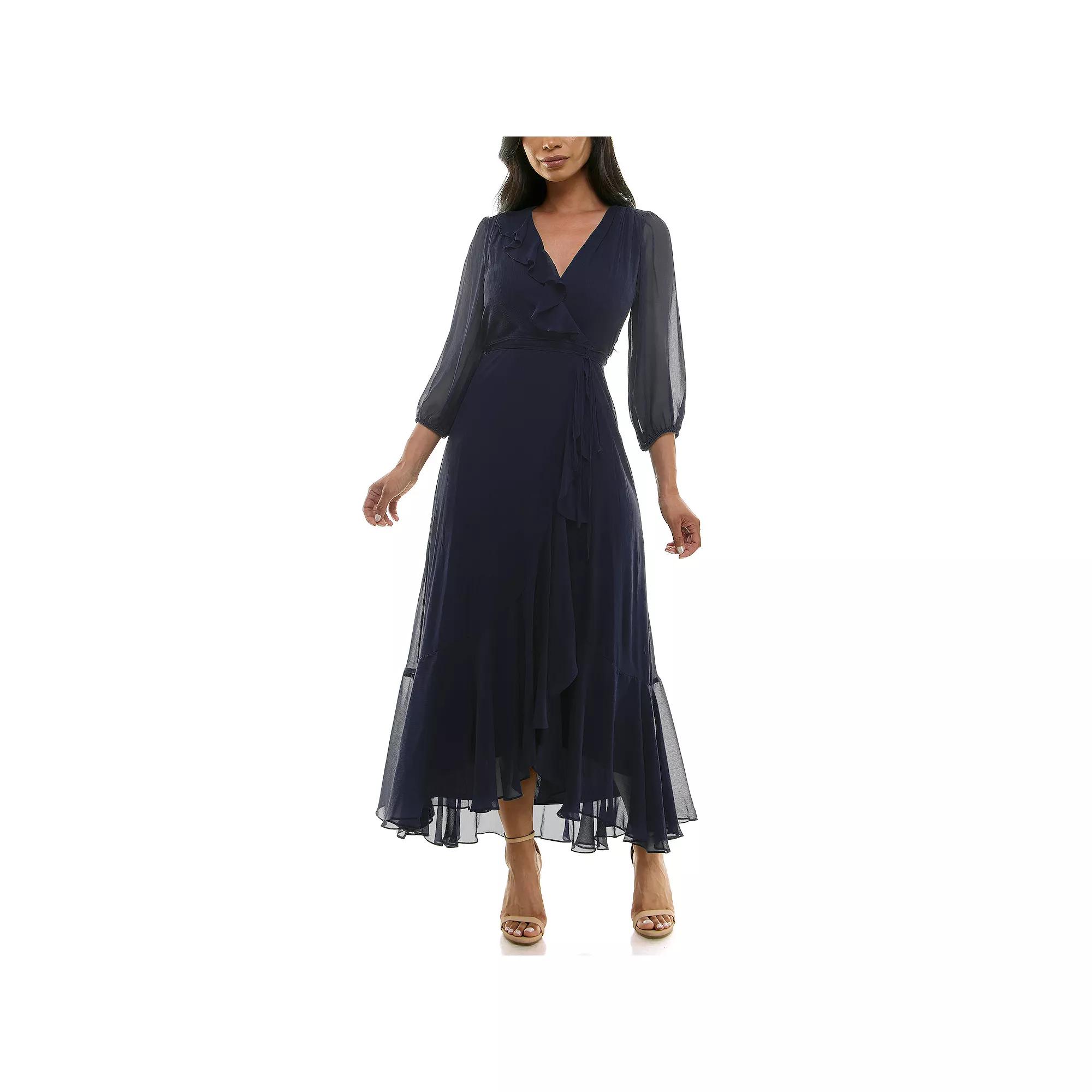 Women's Maison Tara Ruffle Trim Faux-Wrap Maxi, Size: 12, Blue Product Image