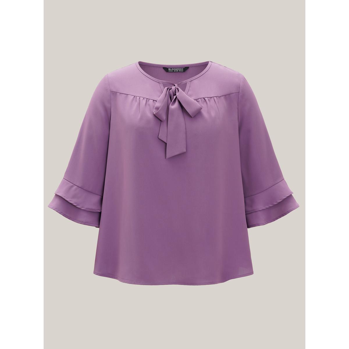 Plus Size Purple Solid Ribbon Tied Collar Bell Sleeve Blouse Women At the Office Elbow-length sleeve Ribbon-tied collar Office Blouses BloomChic 18-20/2X Product Image