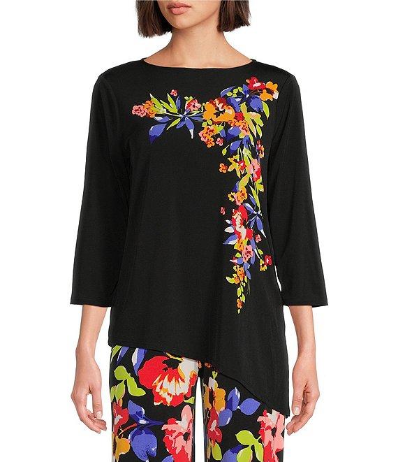 Slim Factor by Investment 3/4 Sleeve Angle Hem Crew Neck Knit Top Product Image