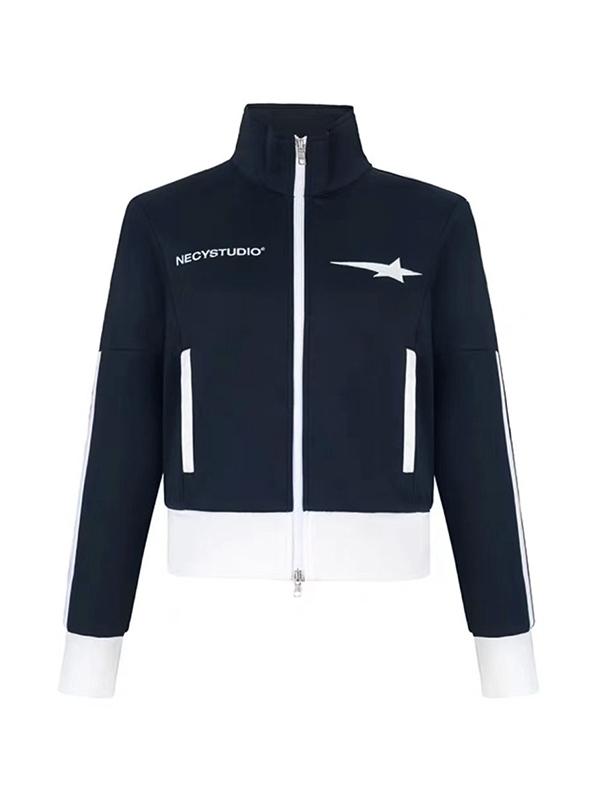 Contrast Color Embroidery Double Zipper Jacket Product Image