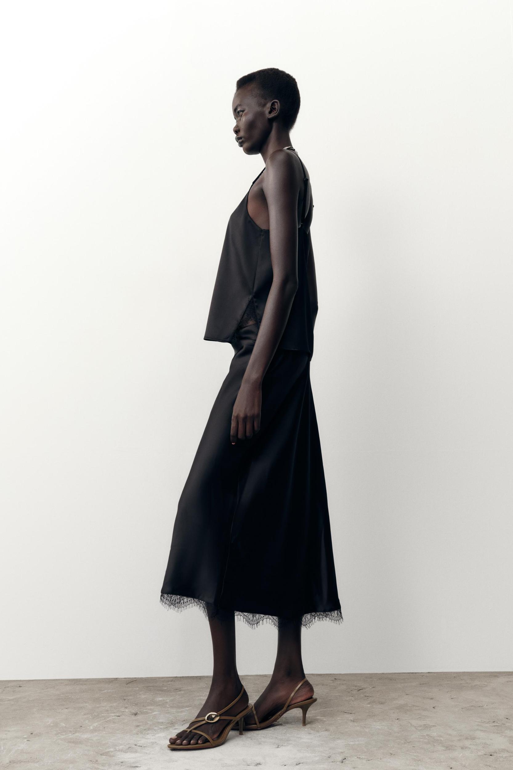 SATIN MIDI LACE SKIRT Product Image