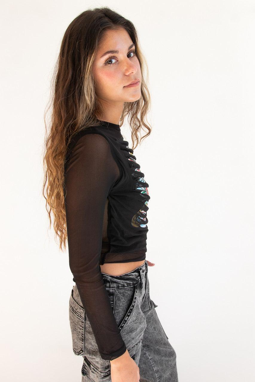 Distressed Skull Mesh Long Sleeve Top Product Image