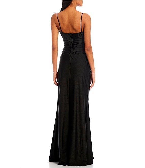 Honey and Rosie Square Neck Illusion Waist Side Slit Long Dress Product Image