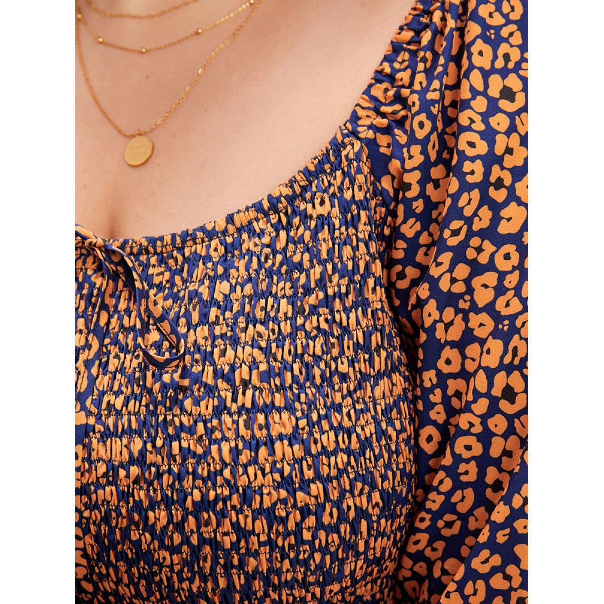 Plus Size Ditsy Floral Pocket Shirred Lantern Sleeve Split Hem Dress Chocolate Women Elegant Shirred Square Neck Long Sleeve Curvy Midi Dress BloomChic 26/4X Product Image