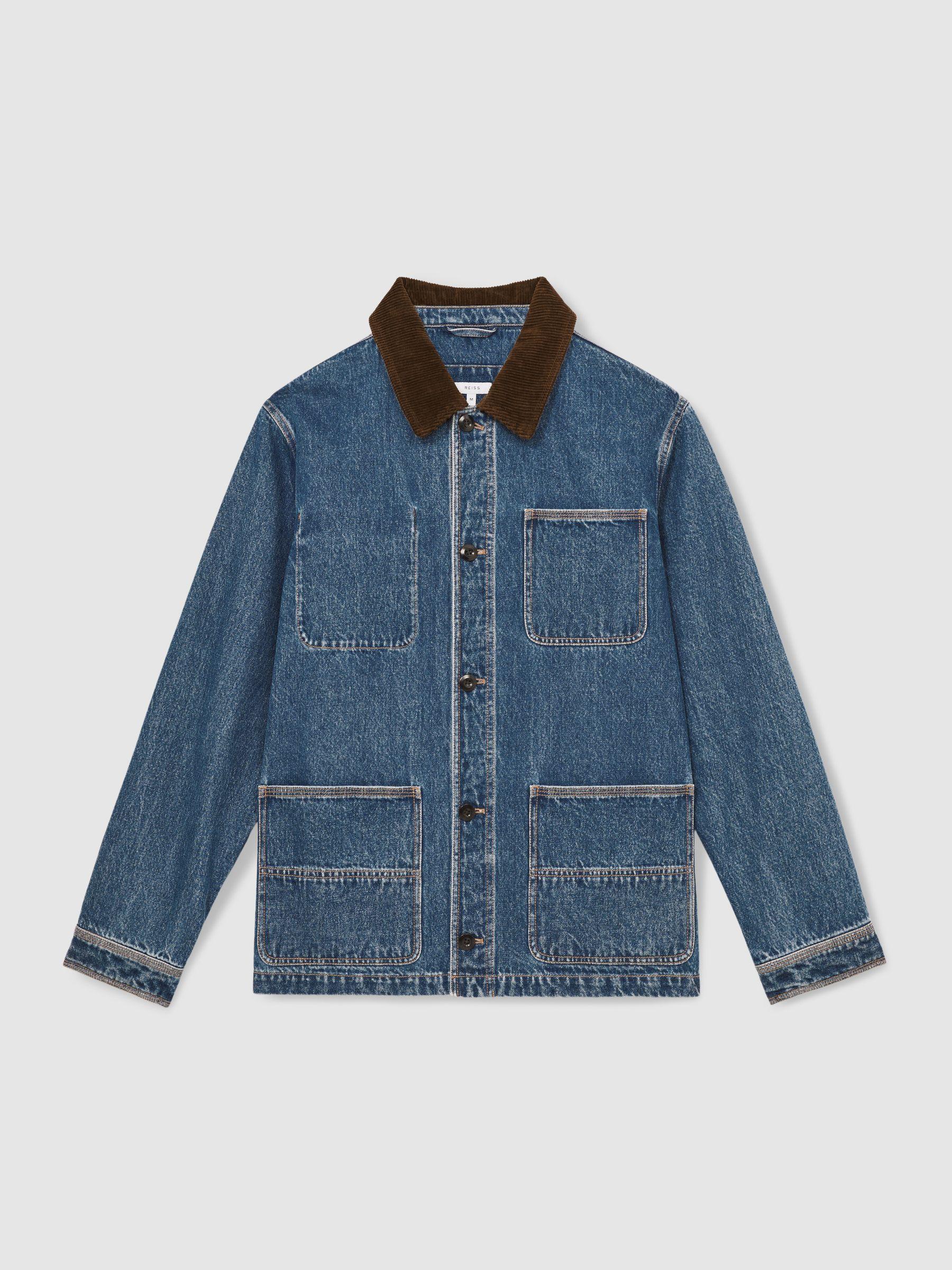Corduroy Collar Denim Worker Jacket in Denim Blue Product Image