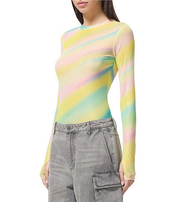 AFRM Kaylee Rainbow Print Crew Neck Long Sleeve Mesh Top Product Image