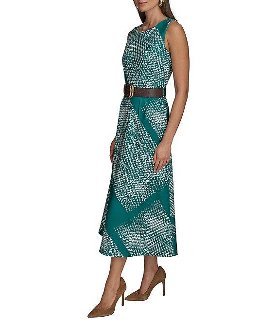 Donna Karan Scuba Boat Neck Sleeveless Belted Midi A-Line Dress Product Image