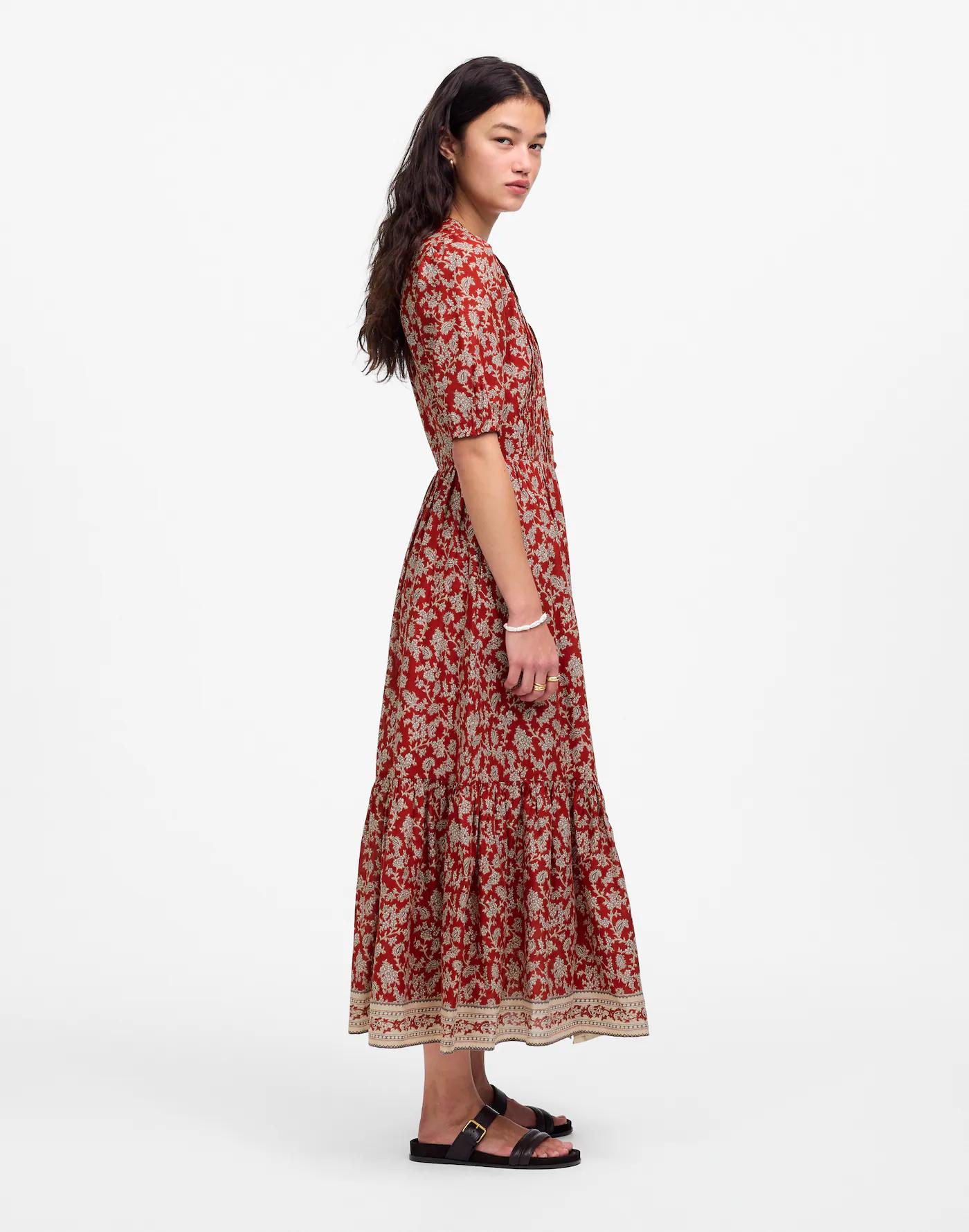 Pintucked Puff-Sleeve Midi Dress in Floral Product Image