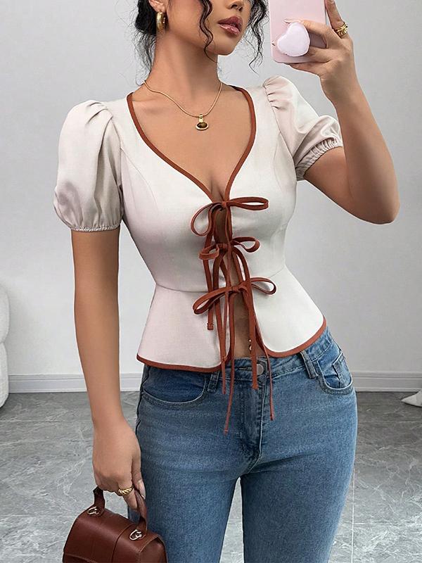 Loose Puff Sleeves Elasticity Pleated Tied V-Neck Blouses&Shirts Tops Product Image