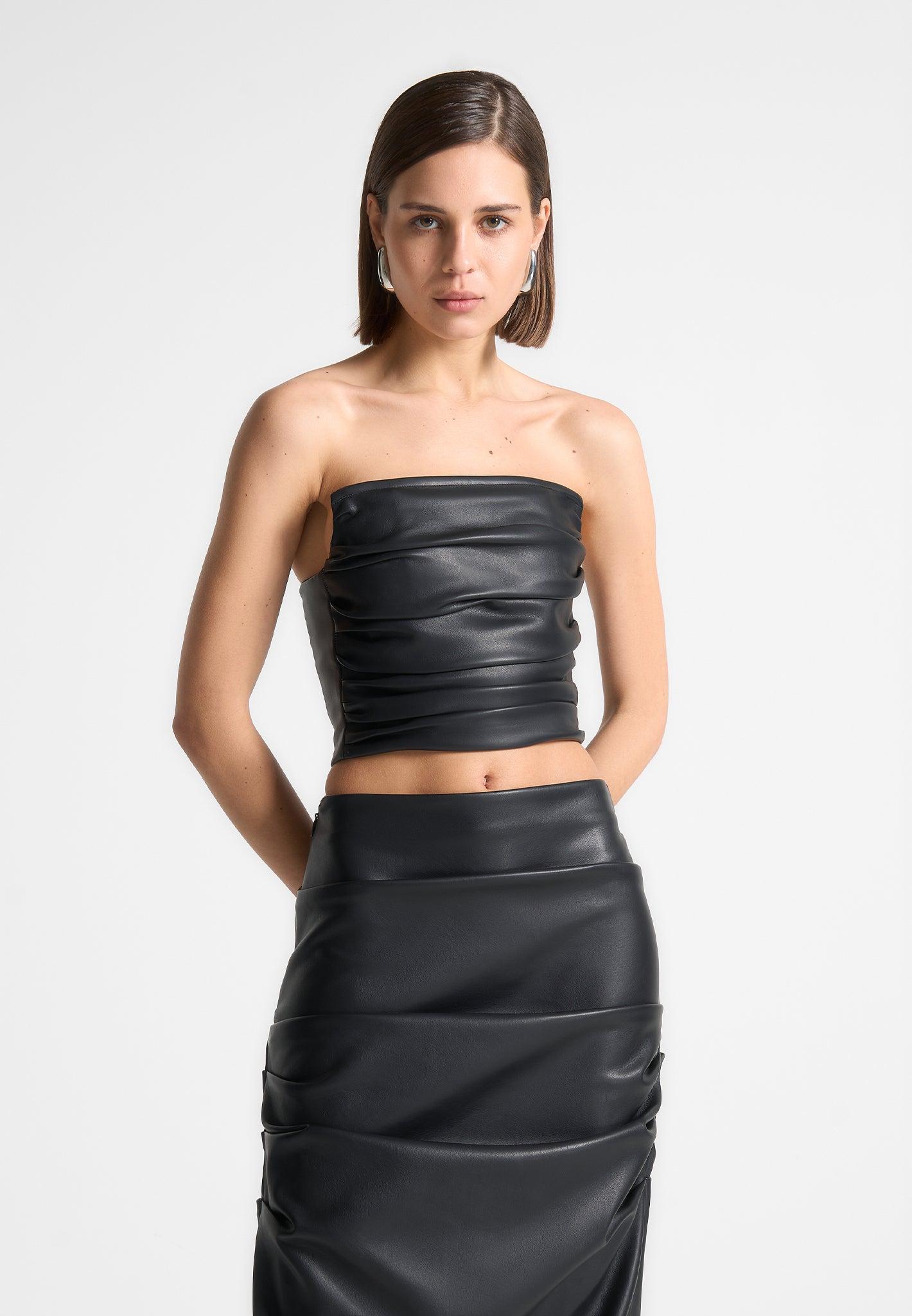 Pleated Bandeau Leather Corset Top - Black Female Product Image