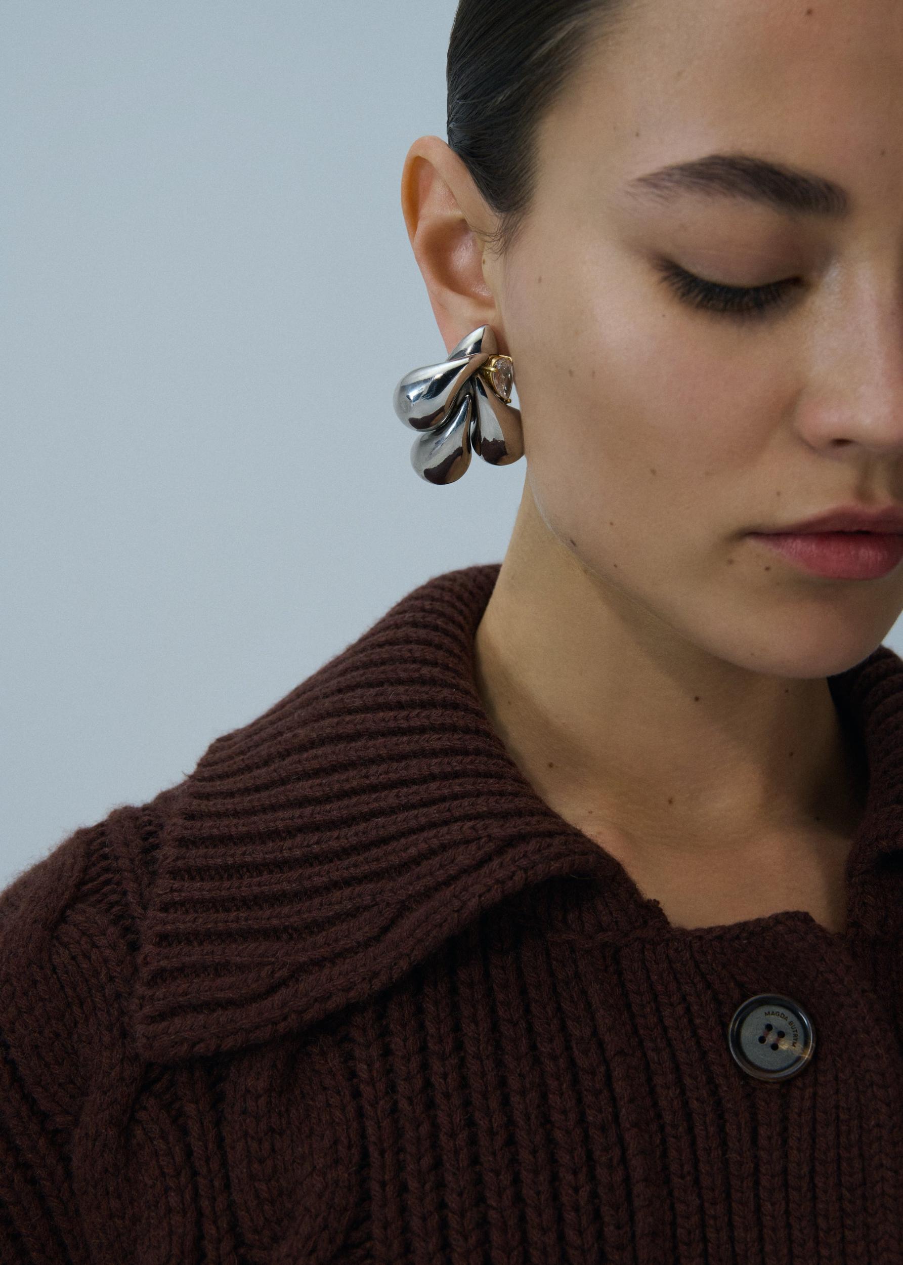 Lace-detail cable knit cardigan jacket in brown Product Image