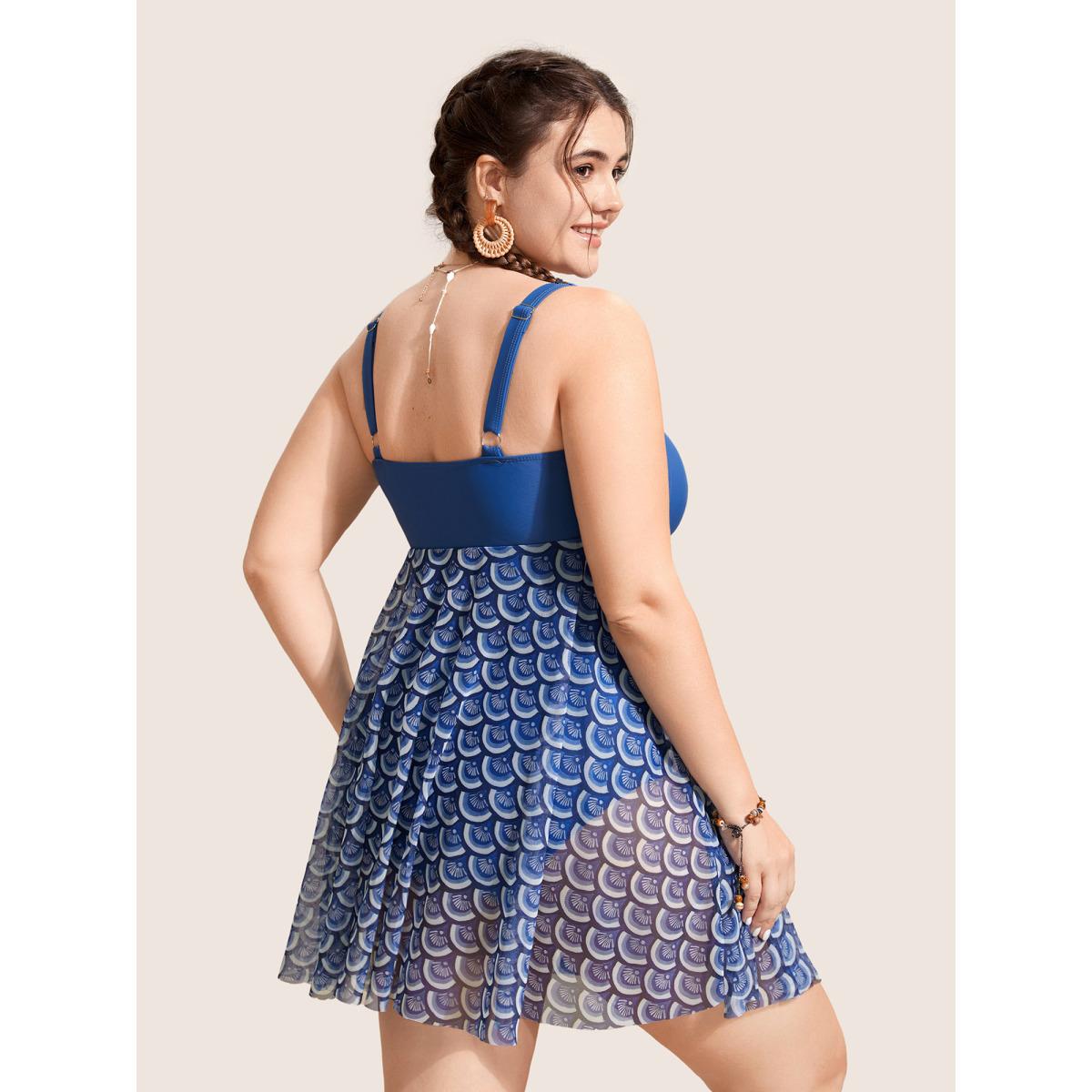 Plus Size Marine Elements Patchwork Drawstring Mesh Swim Dress Women's Swimwear Mediumblue Beach Bodycon Heart neckline High stretch Curve Swim Dresses BloomChic 10/M Product Image