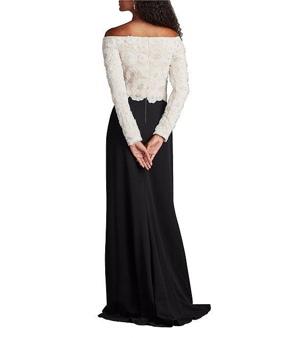 Tadashi Shoji Off-The-Shoulder Long Sleeve Embroidered Lace Bodice Crepe Sheath Gown Product Image