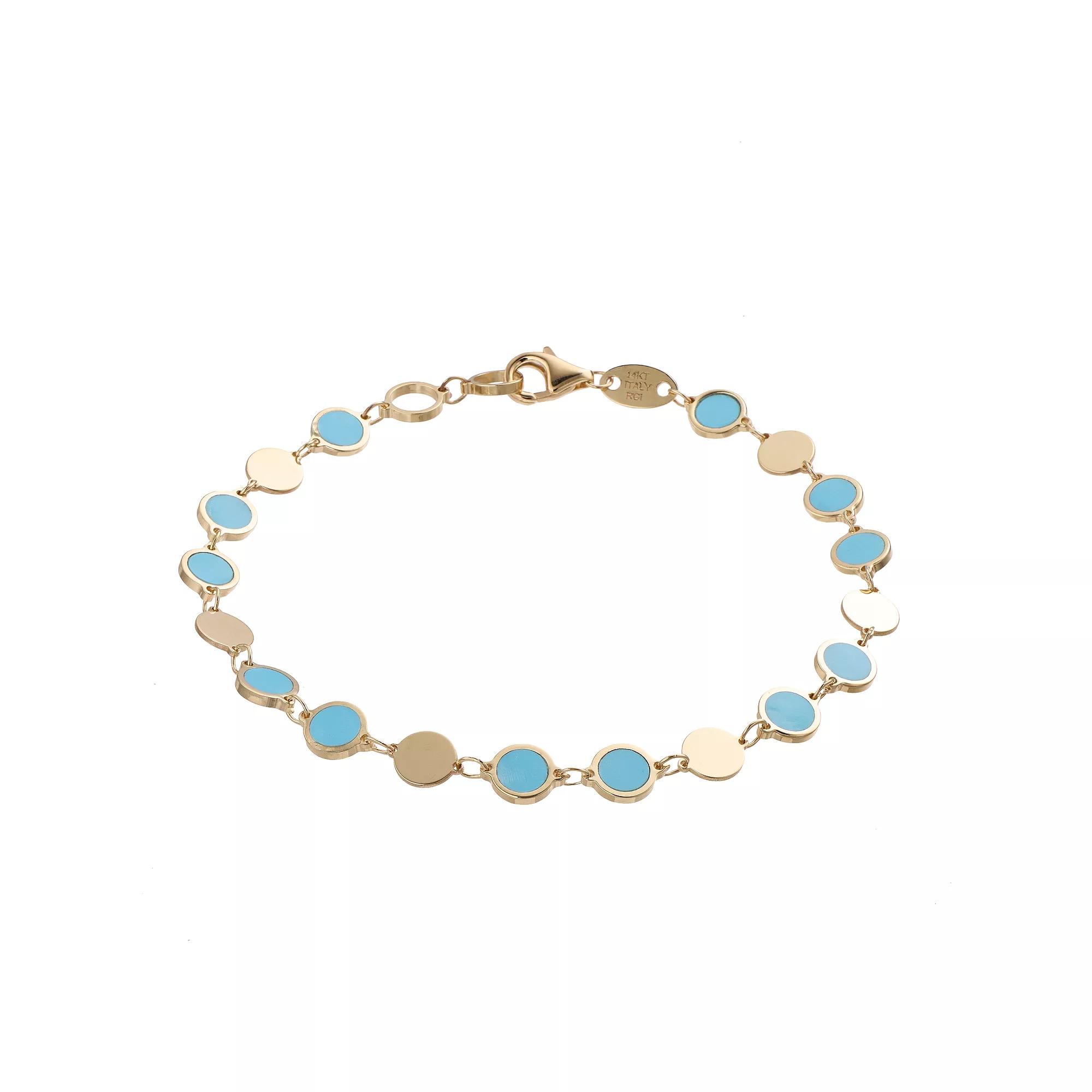14k Gold Simulated Turquoise Alternating Discs Bracelet, Women's, Size: 7.5" Product Image