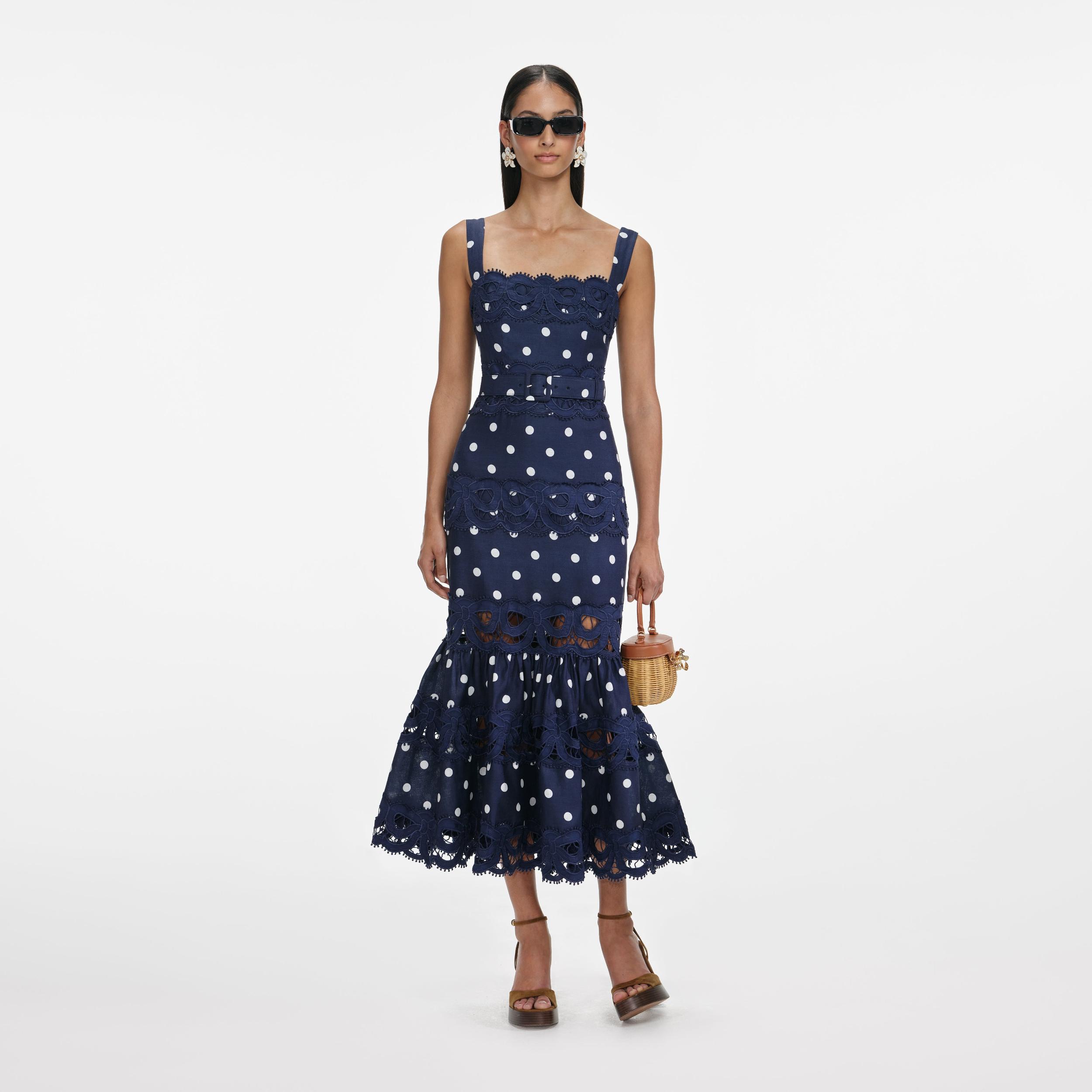 Navy Polka Dot Linen Midi Dress Product Image